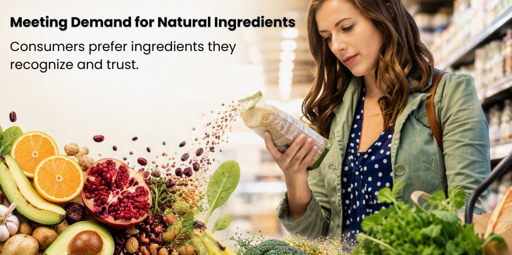 Consumer reviewing a product label while shopping, surrounded by fresh fruits, vegetables and natural ingredients that represent clean-label food choices.