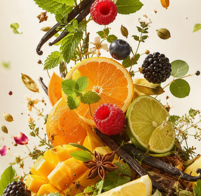 A vibrant composition of fruits, herbs, botanicals, spices and vanilla representing natural flavour innovation and authentic taste experiences.