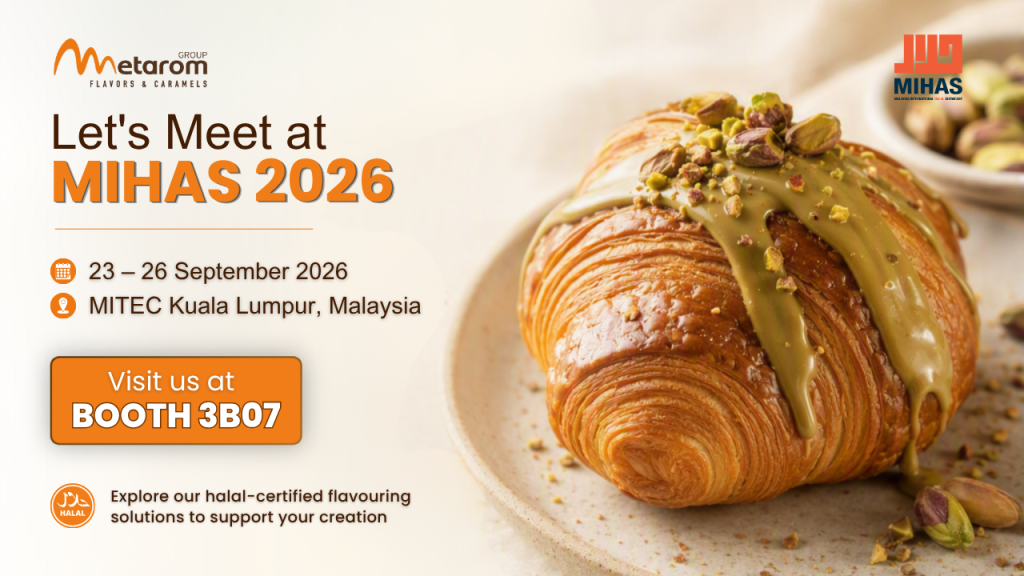 Metarom Asia at MIHAS 2026 showcasing halal-certified flavour solutions with a pistachio croissant application in Kuala Lumpur, Malaysia.