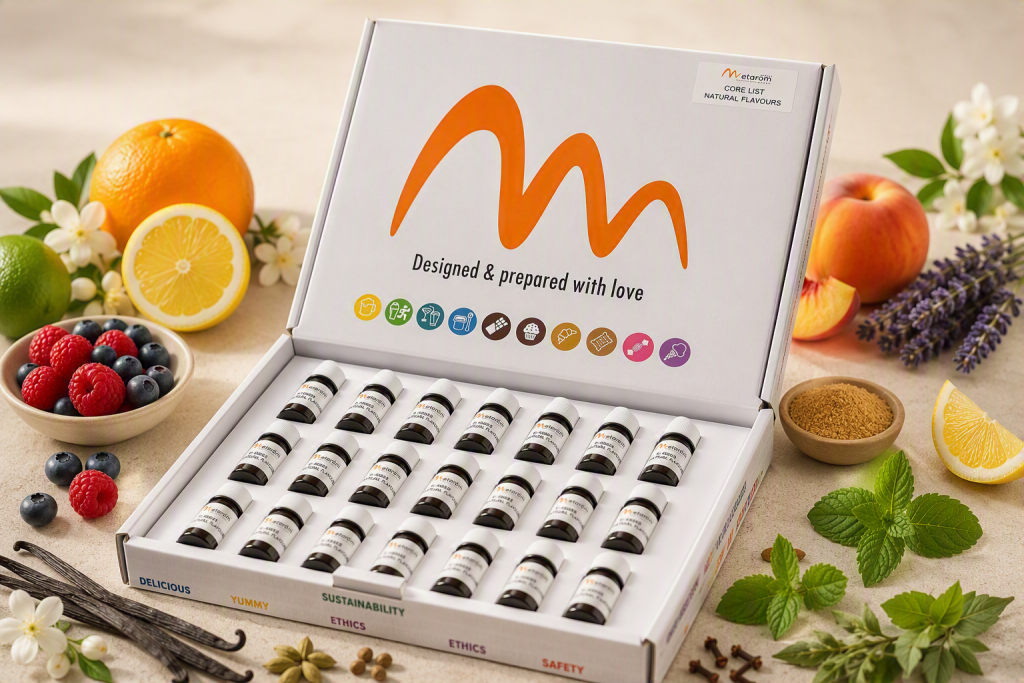 Metarom Asia Natural Flavours Core List Sample Box featuring flavour samples surrounded by fruits, herbs, botanicals and natural ingredients.