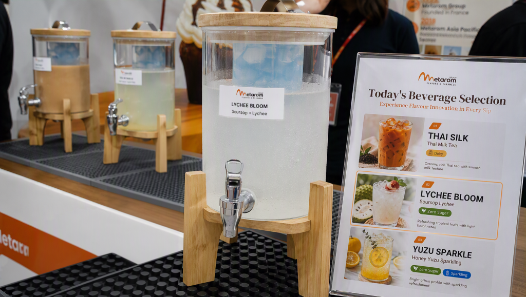 Soursop and lychee beverage concept displayed at MIHAS 2026 product showcase, featuring flavour innovation and beverage sampling experience.